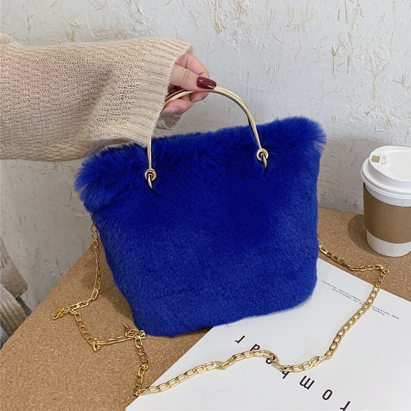 Herfst En Winter Vrouwen Faux Bont Tassen Schouder Onderarm Pluche Pouch Crossbody Tassen Voor Vrouwen furry Handtas: Blauw