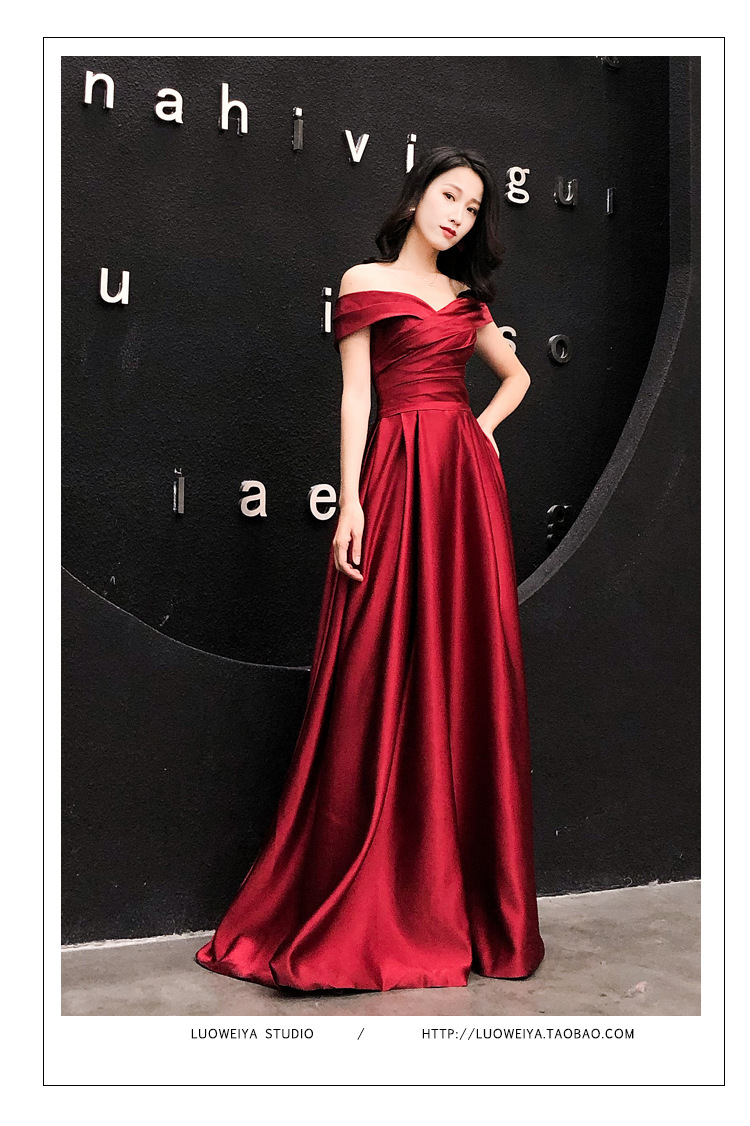 Vestido largo de noche para mujer, prenda con hombros al descubierto, temperamento Noble, talla grande, vino tinto, tostado, novia, Reunión Anual