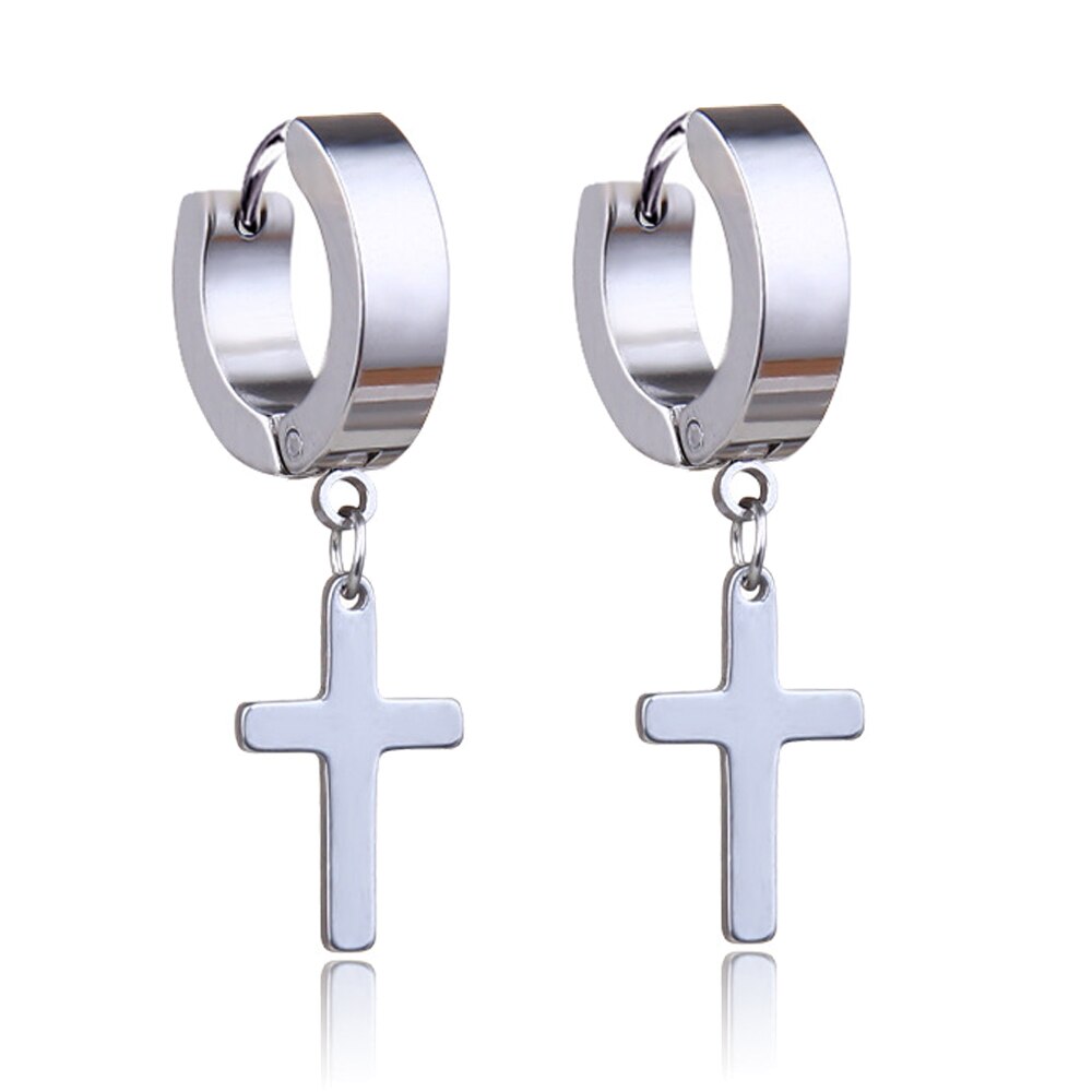 6 Style 316L Stainless Steel Dangle Round Cross Leaf Earring for Men Women Cool Punk Eboy Stud Earring Set: Style B Silver