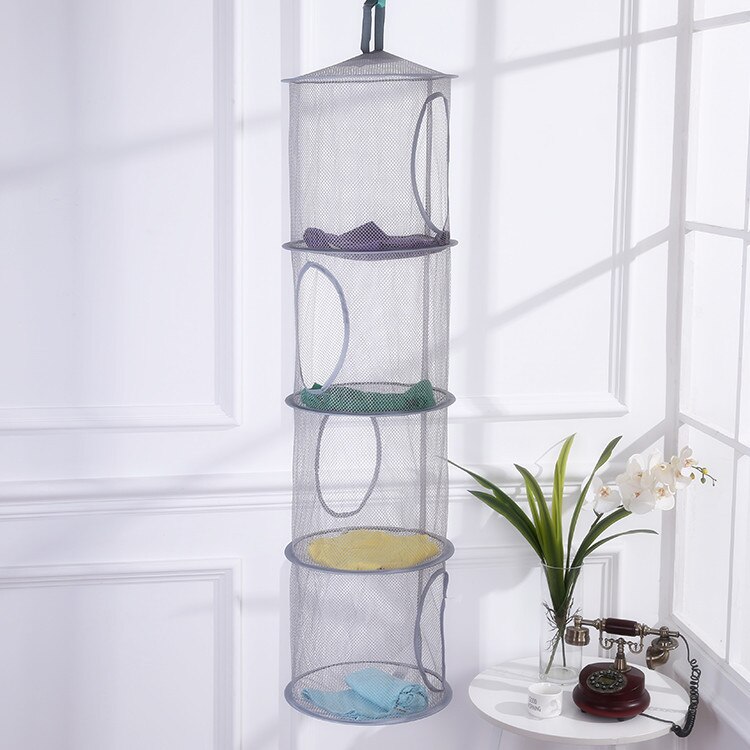 Colorful Collapsible Storage Net Hanging Basket, Breathable Four-lattice Air Drying Cylindrical Basket, Blue/ Yellow/ Grey: C