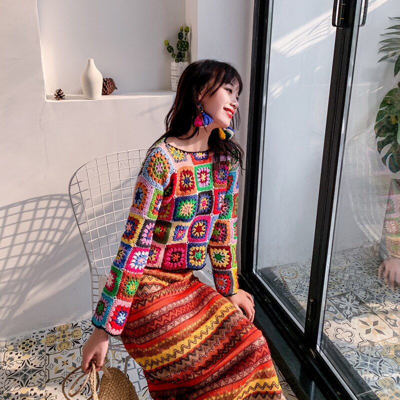 Boho Inspired Crochet knitted sweater women long sleeve square pattern sweater pullover for women autumn witner cute sweater