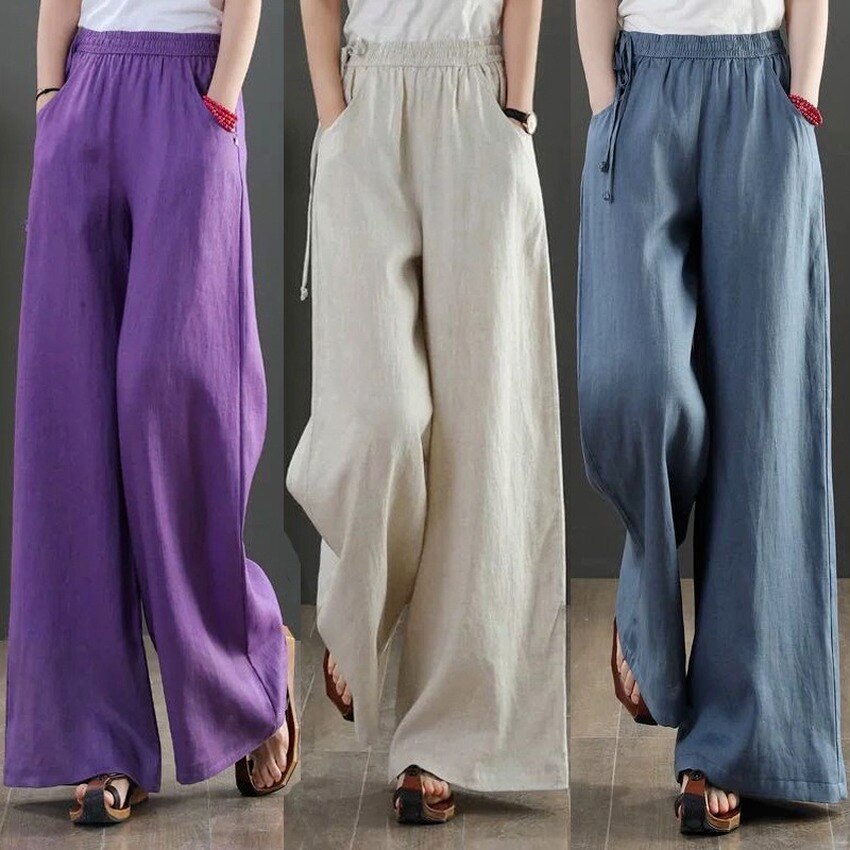 Pantaloni larghi in vita elastica in lino pantaloni Casual da donna in tinta unita allentati letterari 2022 pantaloni estivi Kung Fu di nuovo stile