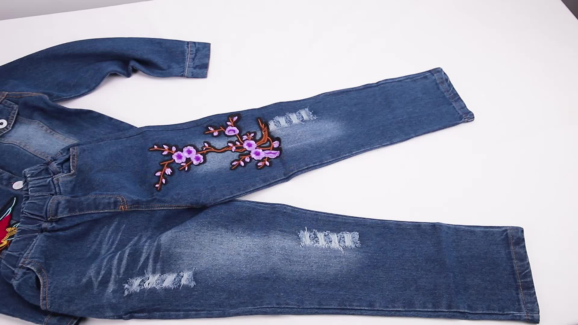 Boutique Teen Girls Coat Kids Spring Autumn Floral Embroidery Purple Flowers Jacket Girls Denim Single Jacket