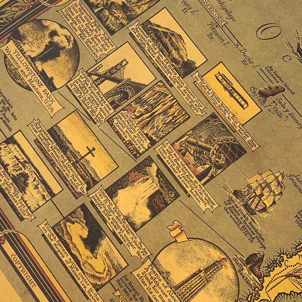 World Wonders Architectural Miracle Landmark Map Kraft Retro Paper Poster HD Printing Geography Classroom Wall Sticker Decor