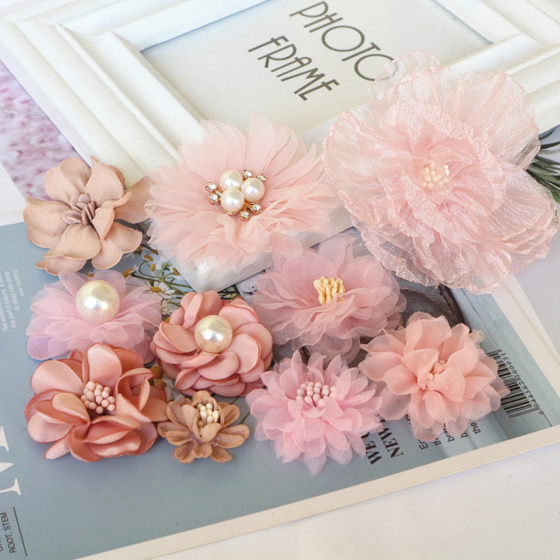 Fleurs en mousseline de soie, 10 pièces/lot, série rose, Styles mixtes, ensemble pour robe de mariée, chapeau, chaussures, décoration