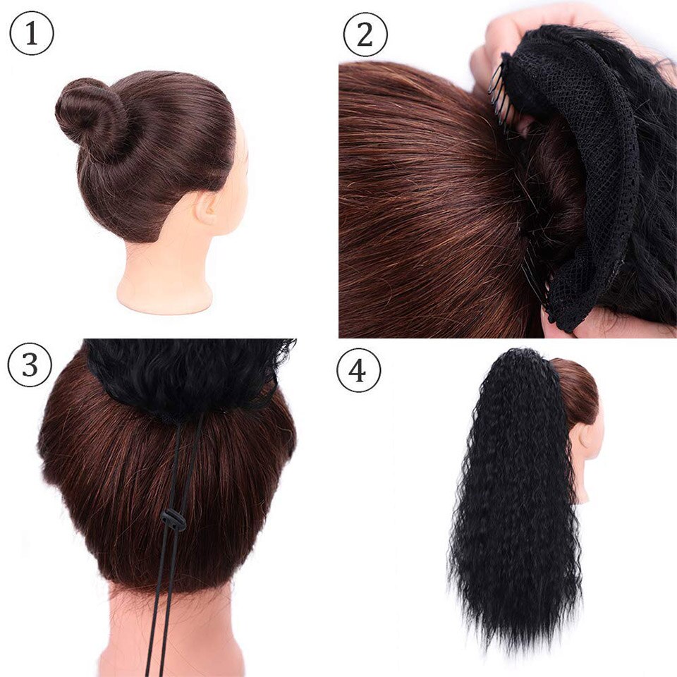 Werd lockigt lång hästsvans syntetiskt hårstycke wrap on clip hair extensions ombre brun hästsvans blont hår