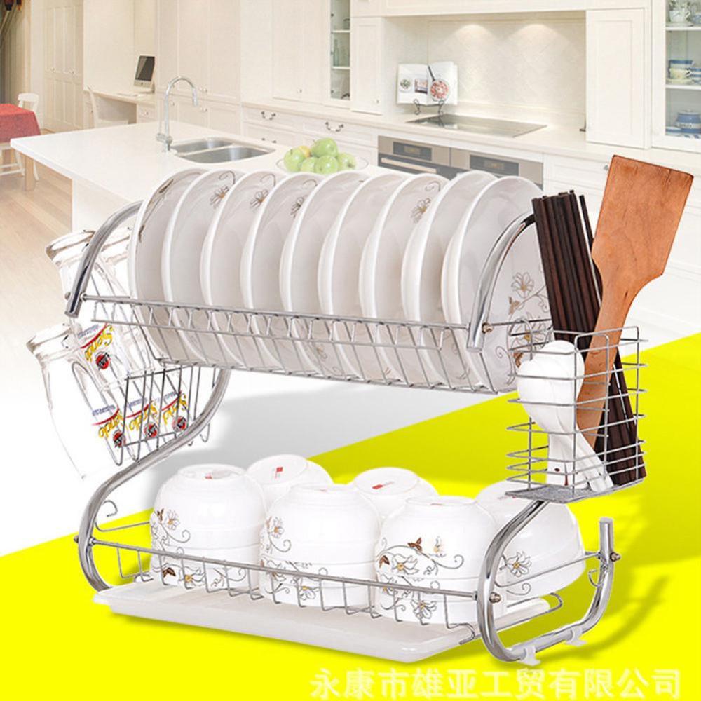 2-Layer Dish Drying Rack For Kitchenware Mug Holder Utensil Holder Dishes Rack Kitchen Storage Stainless Steel Kitchen Dish Rack