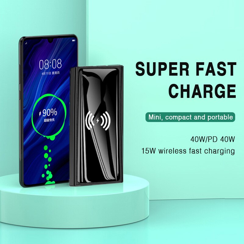 20000mah sem fio power bank 40w super rápido carregamento display digital bateria externa embutido cabos com lanterna para o telefone