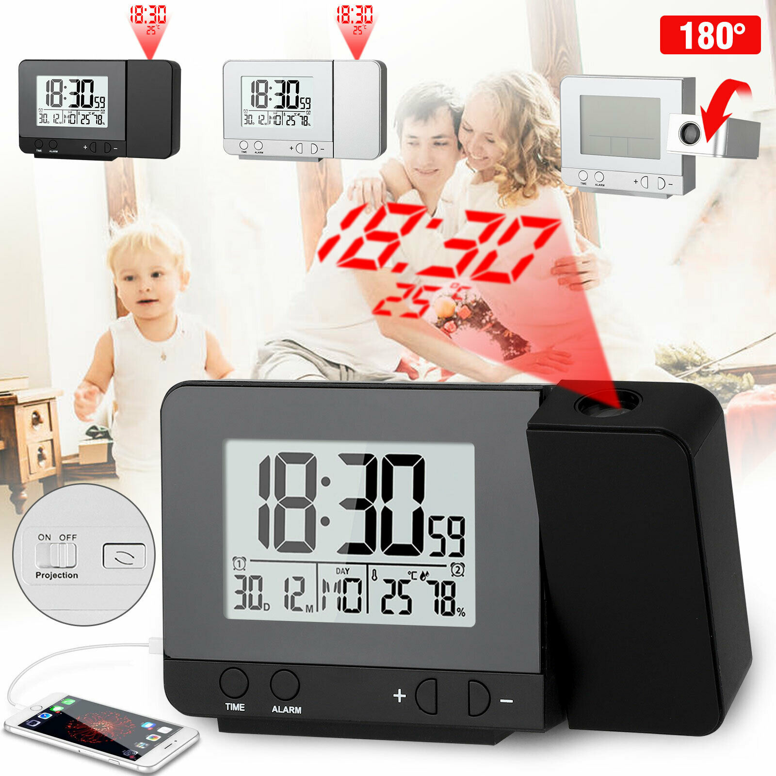 Réveil numérique LED avec projecteur, thermomètre de température, affichage de l'heure et de la Date, calendrier de Projection, chargeur USB, horloge de Table