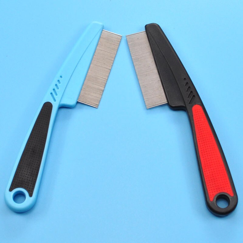Cepillo de acero inoxidable para perros y mascotas, herramienta para quitar piojos de dientes densos, peine con mango de plástico, peines para mascotas