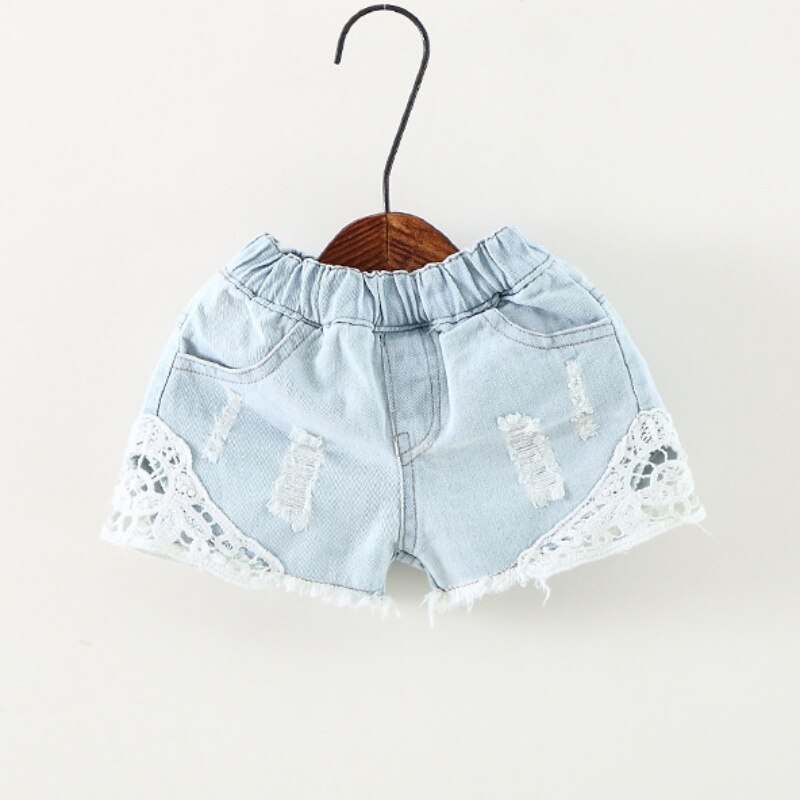 2-12y piger jeansshorts med blonder huler cowboy børn piger søde shorts jeans korte blonder lomme denim shorts børn