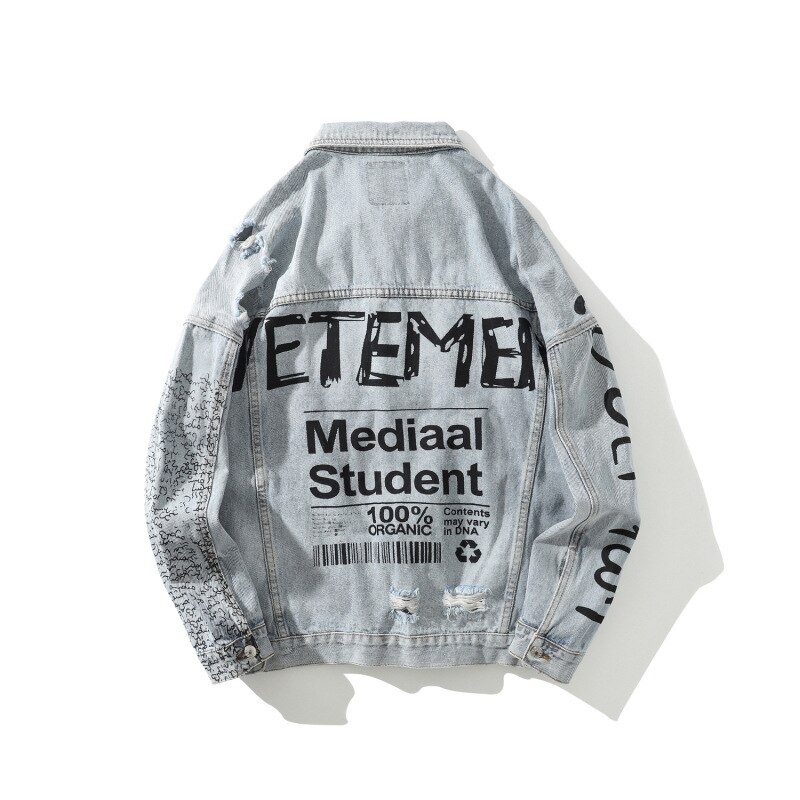 Mens Graffiti Denim Jassen Streetwear Hip Hop Casual Patchwork Ripped Verontruste Punk Rock Jeans Jassen Uitloper
