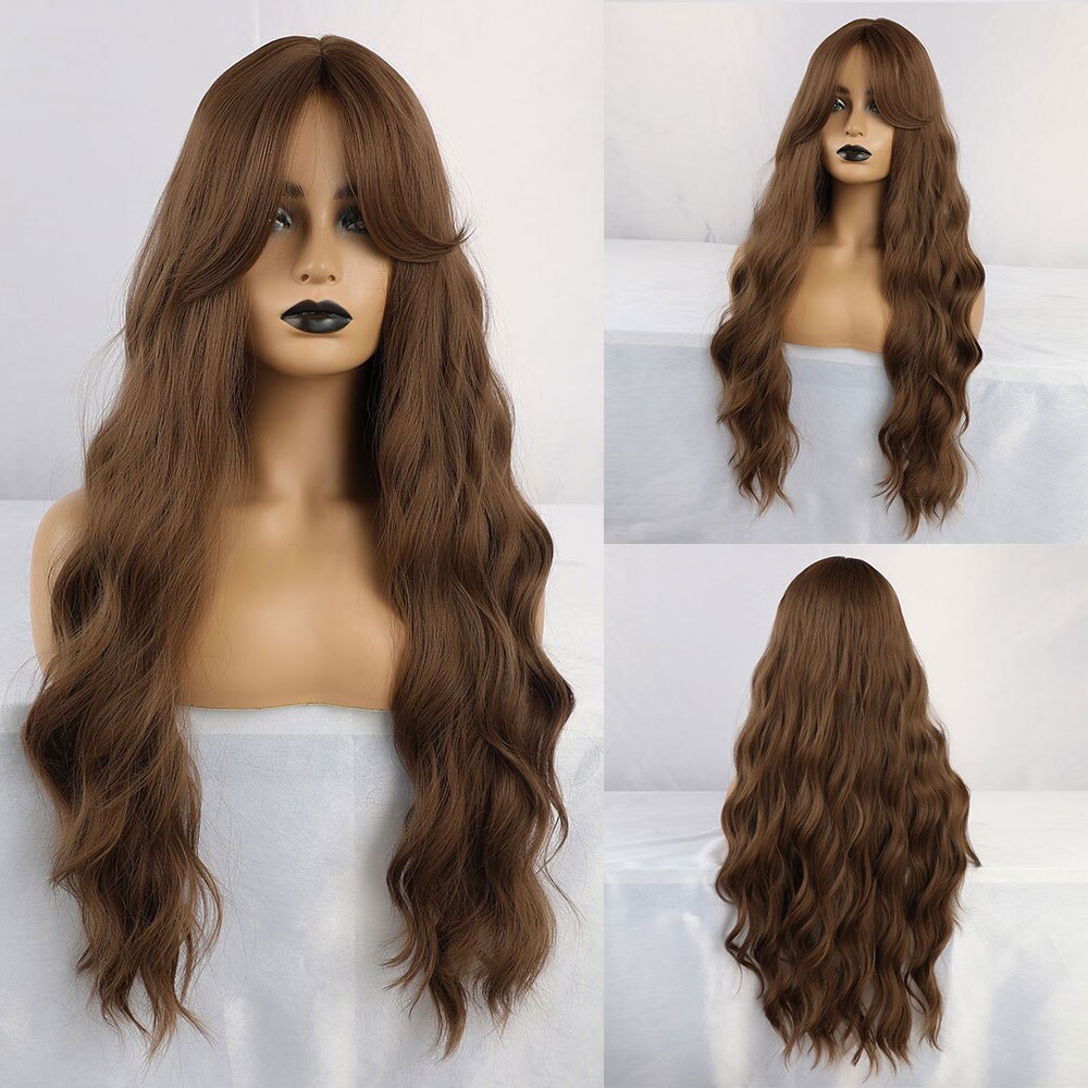 Jonrenau sintético marrom escuro longo ondulado perucas de cabelo com franja lateral resistente ao calor perucas de fibra para preto branco: lc255