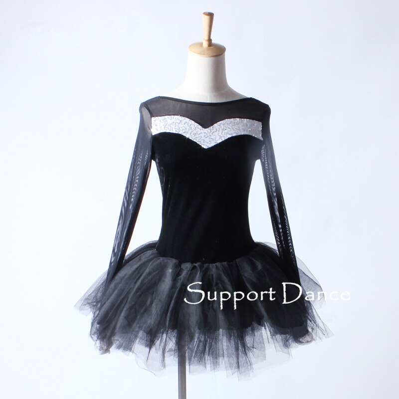 Vestido de tutú de ballet negro de manga larga de malla para actuación de adultos C262: LA