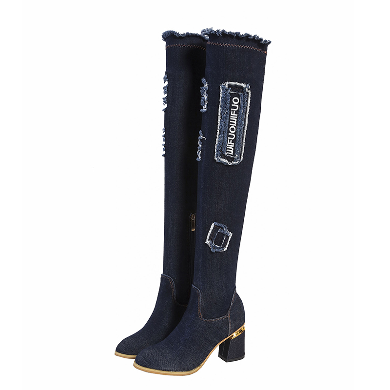 Lucyever Womens Denim Laarzen Over De Knie Wees Teen Dikke Hoge Hakken Schoenen Vrouw Casual Kwastje Uitgesneden Jeans Lange botas Mujer: Navyblue / 39(24.5 cm)
