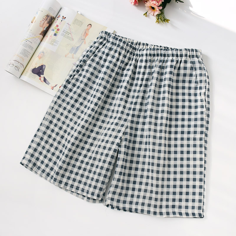Cuplu de vară pantaloni scurți în carouri tifon de bumbac pantaloni subțiri de pijama îmbrăcăminte de dormit pentru femei pantaloni de noapte pantaloni de noapte: Bărbați cyan / M