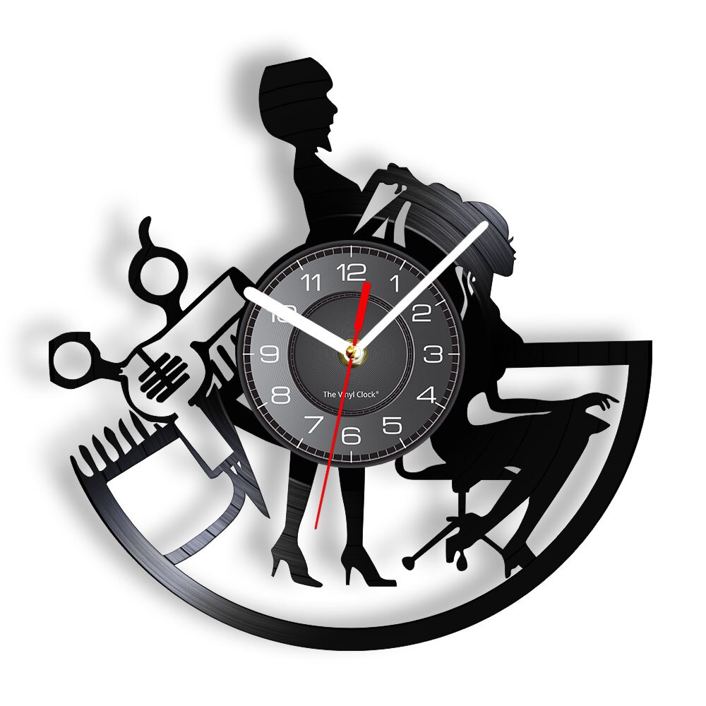 Beauty Salon Wall Clock Made Of Real Vinyl Record Hairdressing Tools Lady Haircut Center LED Wall Watch For Hair Salon Company: Without LED