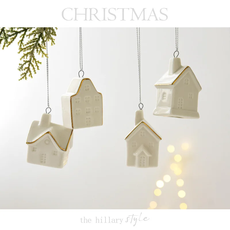 Keramisk julepyntsett med 3 glødende snøhuspynt små scenedekorasjoner til hjemmekontor