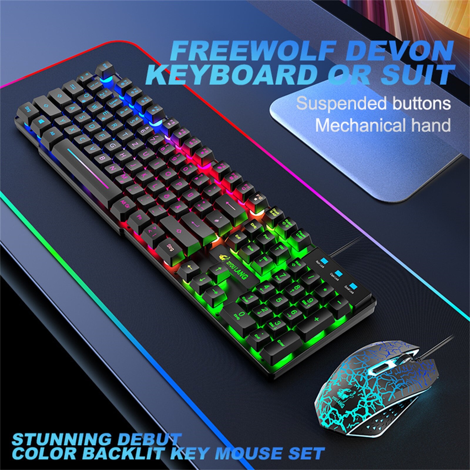 keyboard and mouse set T13 rainbow backlit USB ergonomic gaming keyboard and mouse set for PC laptop: BK