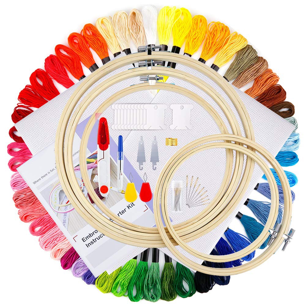 Embroidery Starter Kit Full Set-Magic Embroidery Pen Punch Needle,Hoops,Threads,Stitching Punch Pen Set Craft Tool for Beginner