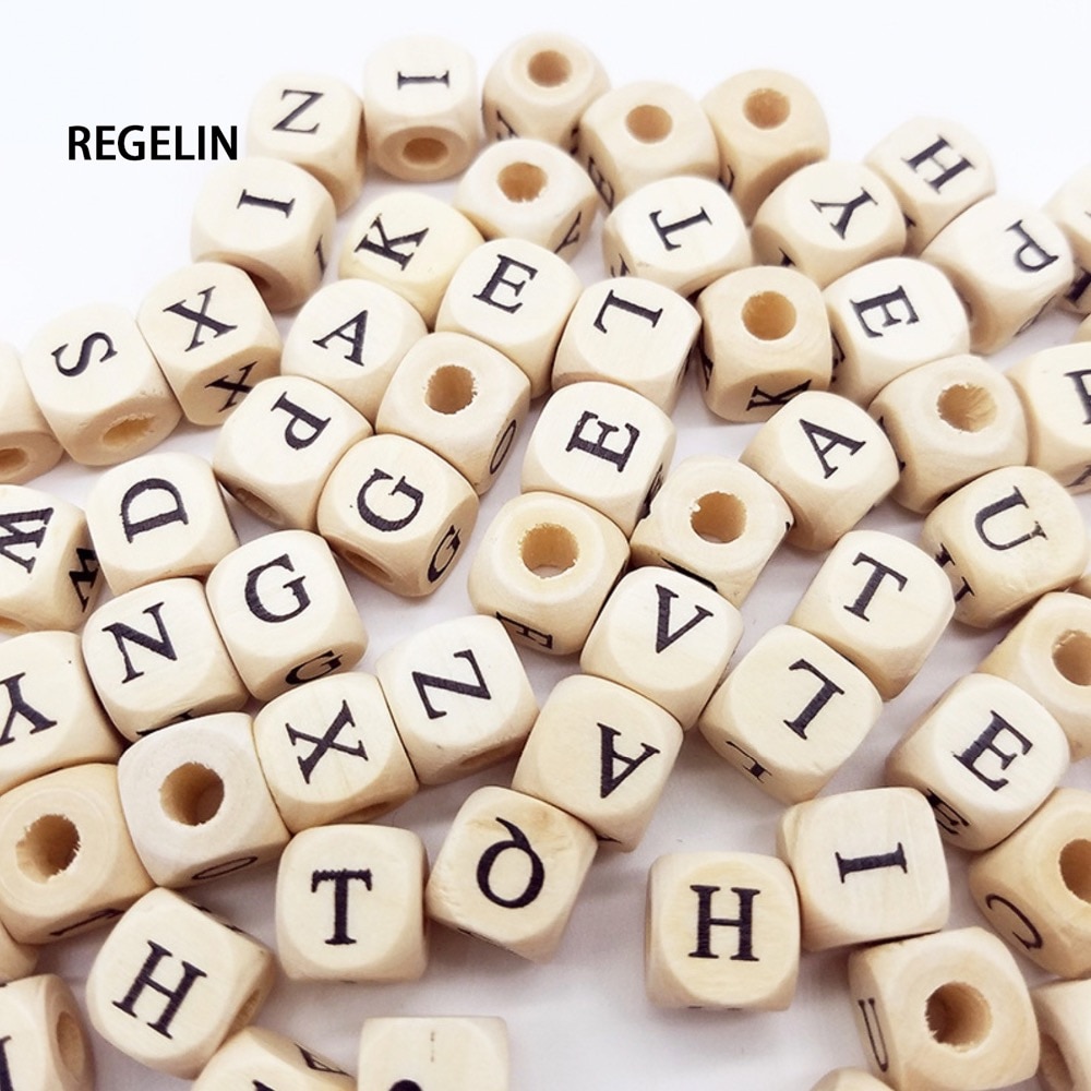 REGELIN 10mm 100PCs Square Wooden Alphabet Beads A-Z Letter beads for bracelets Spacer Baby Smooth Teether Jewelry Pacifier DIY