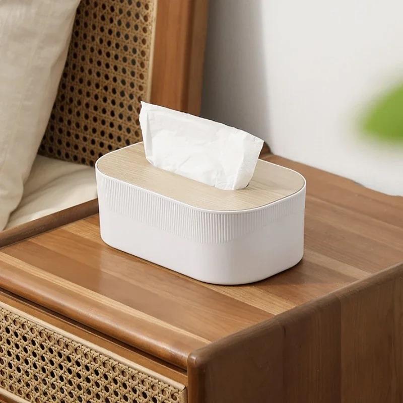 Plastik-Taschentuchbox mit Holzdeckel im Nordischen Schlichtheit-Stil Desktop-Serviettenbox für Wohnzimmer, Badezimmer und Toilette Quadratische Taschentuchbox