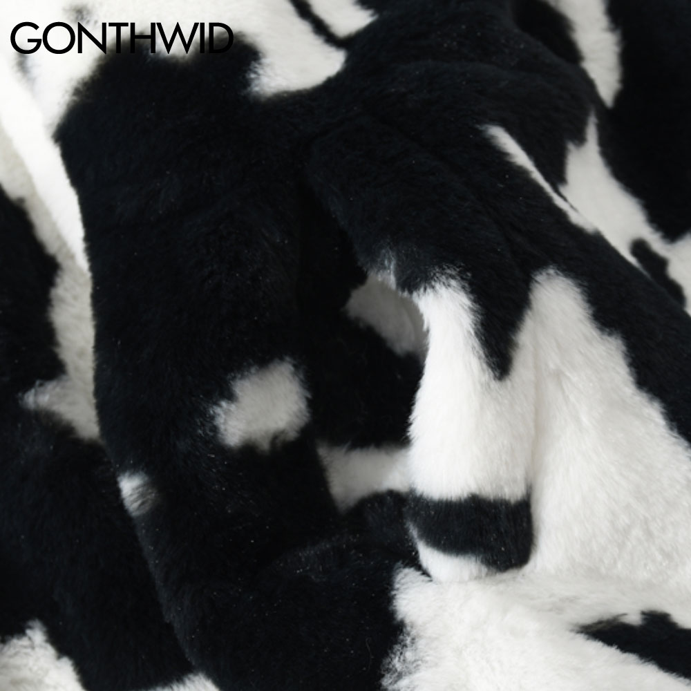 GONTHWID Fleece Hooded Jackets Streetwear Hip Hop Cow Spots Print Full Zip Jacket Coats Men Harajuku Casual Tops Outwear