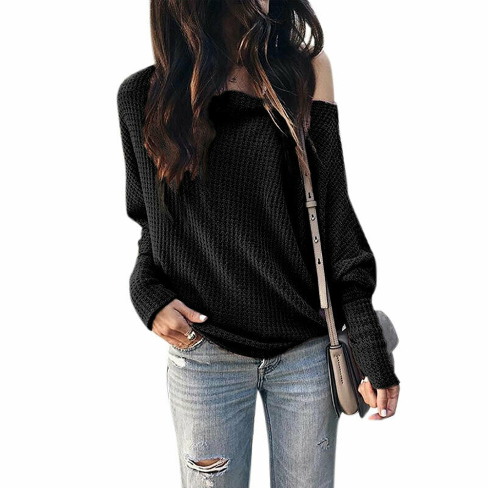 Kvinder solid skæv krave sweater blødt lanterne ærme hjem shopping bomuld blanding afslappet slim fit outwear off shoulder dagligt kontor