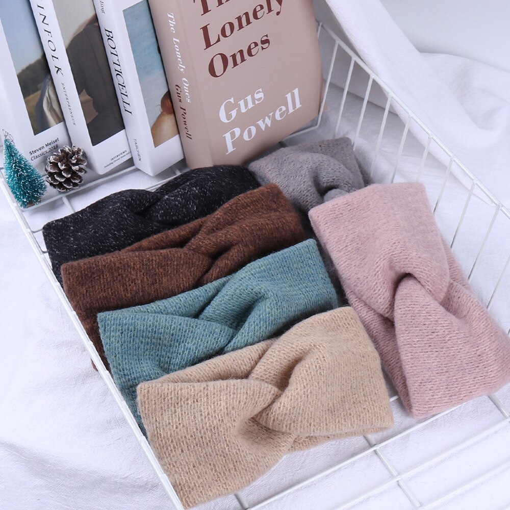 Diademas de lana con nudo cruzado tejido liso para mujer, soporte para el pelo, cintas elásticas para el cabello, turbante, accesorios para el cabello