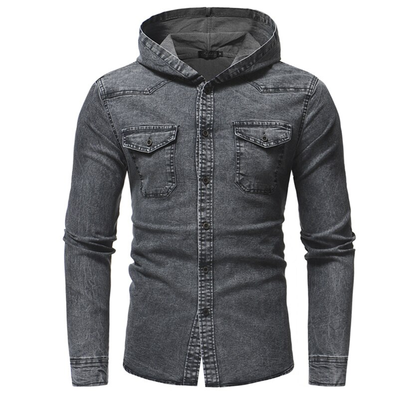 Spring Wash Denim Shirt Men Long Sleeve Hooded Jeans Shirt Men Casual Slim Fit Shirt: Gray / L