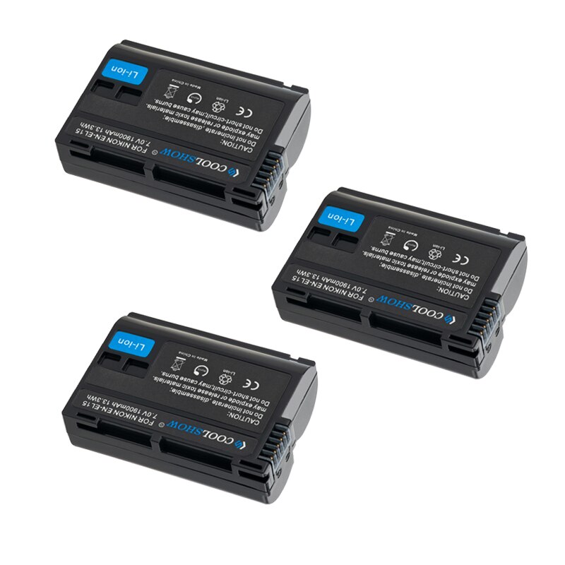 Batterie EN-EL15 mah pour appareil photo Nikon, 1900, pour modèles D7500, D7200, D7100, D7000, D850, D810, D810A, D800, D800E, MH25, V1, EN, EL15: 3Battery