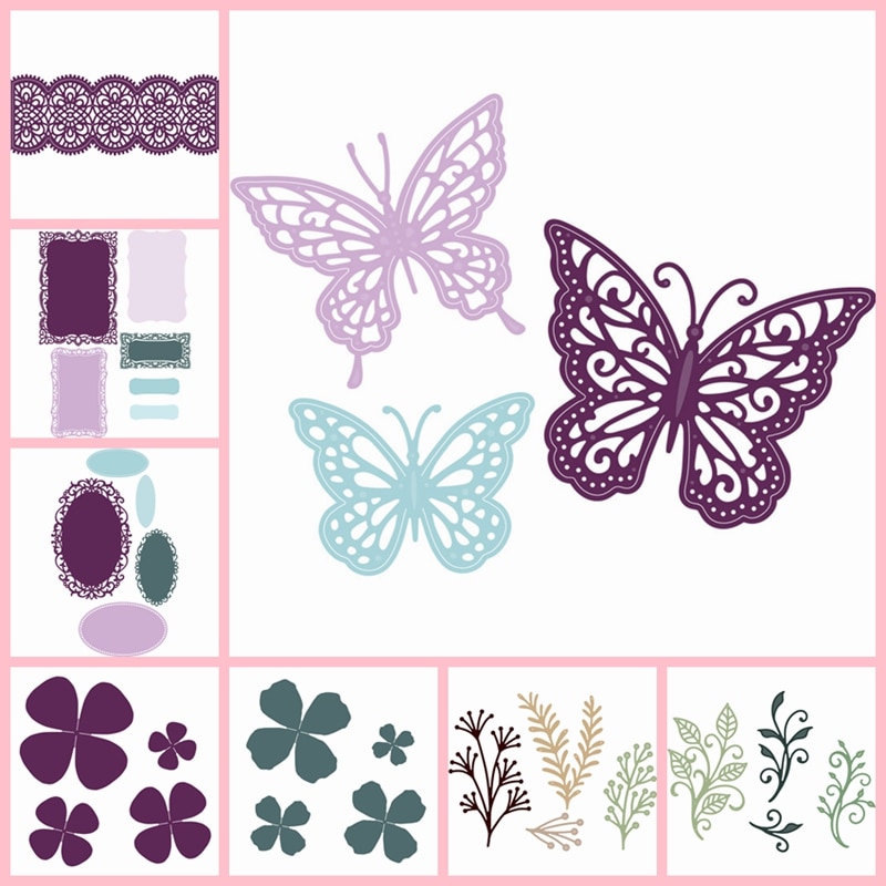 Borboleta laço flor folhas ramo oco em camadas quadrado redondo quadro de corte metal dados scrapbook cartões artesanato papel