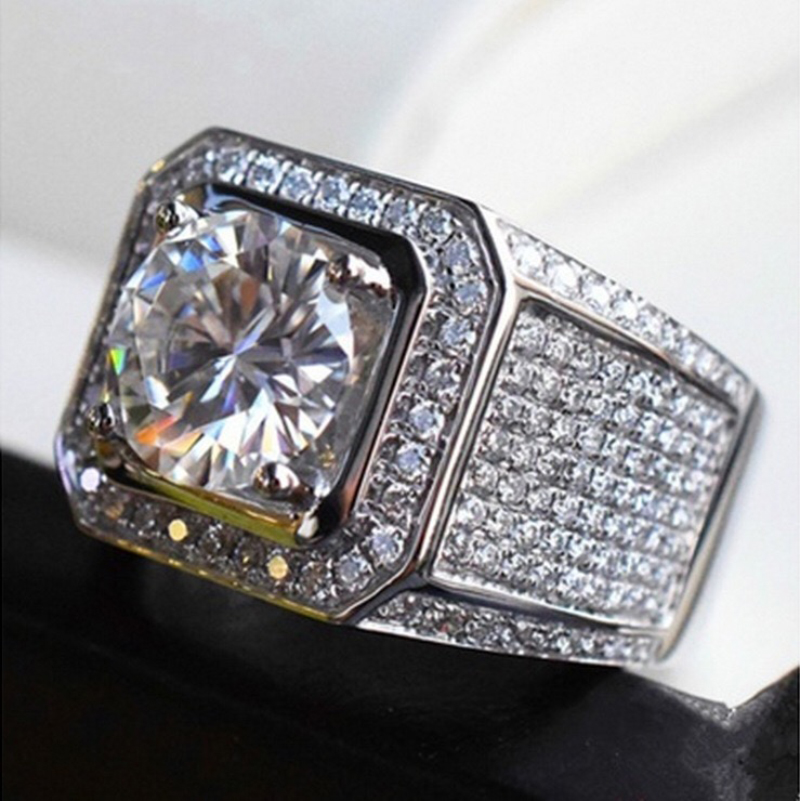Luksus fuld mikro bane rhinestone iset ud bling hvidguld farve ring crystal rock ringe til mænd smykker