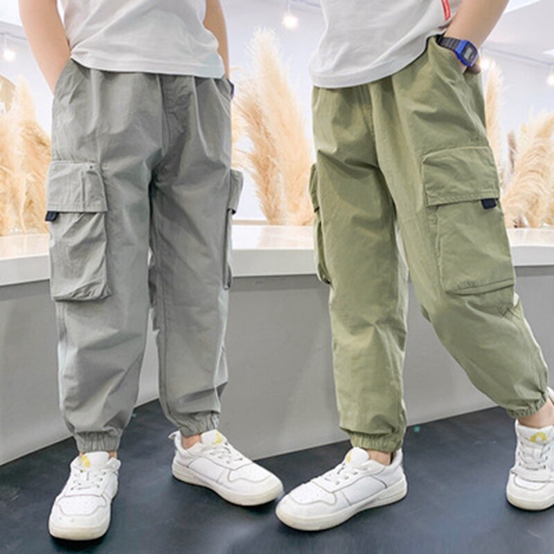 Pantalones Cargo de Verano para Niños y Adolescentes, calzas deportivas de algodón con bolsillo holgadas, Color puro, para correr, de 5 a 14 años