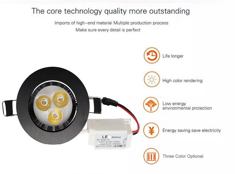 Rund dimbar led-downlight i taket 3w høyeffekts led-chip svart skall  ac85-265v or 12v led-innfelte spotlys lampe ce ul