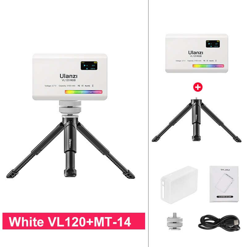 Ulanzi VL120 RGB Compact Video Light with Display Screen Diffuser Mini Camera RGB Light Smartphone Selfie Lighting 3100mAh: White VL120
