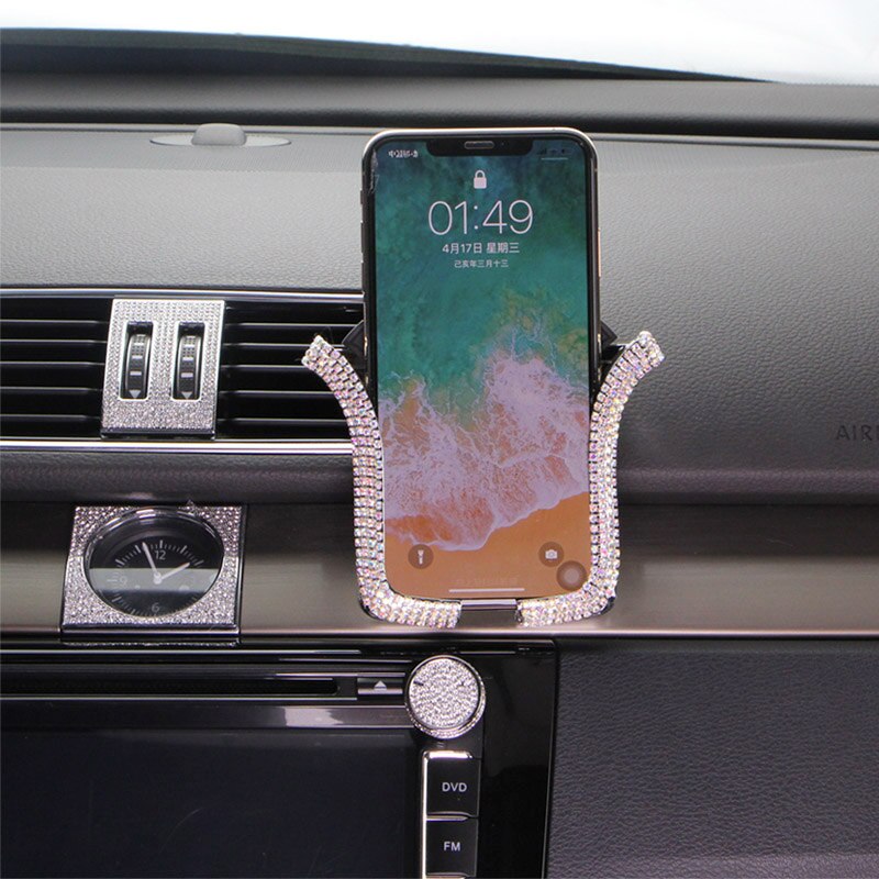 Soporte Universal para teléfono móvil de coche, con cristal de Bing, diamantes de imitación, Clip de montaje para rejilla de ventilación de coche, para iPhone, Samsung, soporte para coche: white 2