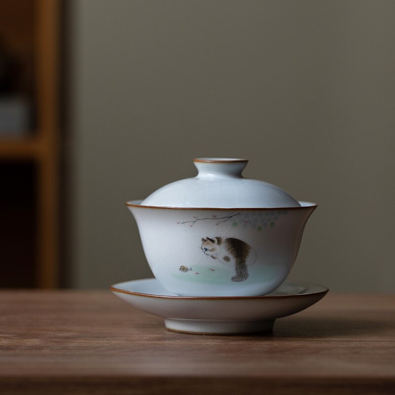 160ML Keramik Gaiwan Nette Katze Porzellan Terrine Chinesische Alte Glasur Jingdezhen Teaset Teekanne Schüssel für vielfältige Tee Porzellan: 02