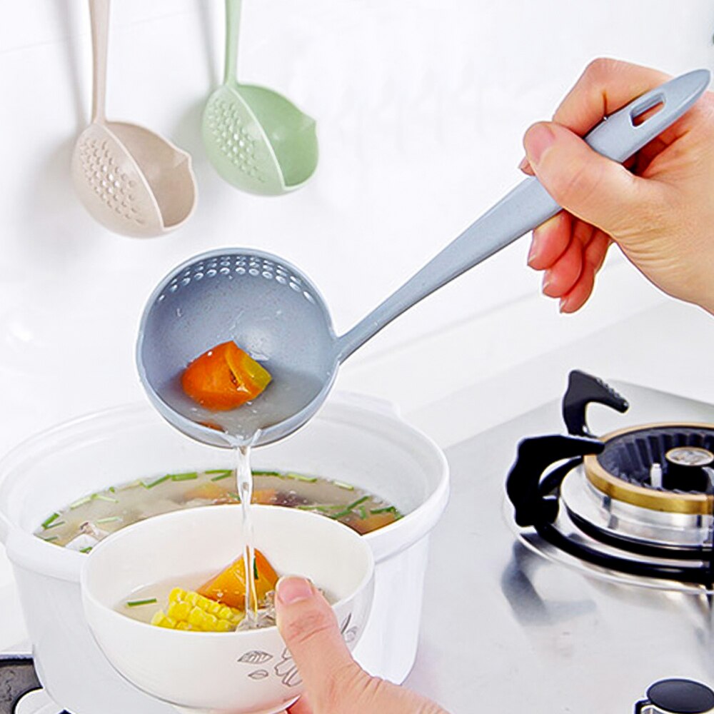 Cuchara de sopa con mango largo 2 en 1, colador de cocina para el hogar, cuchara creativa, cucharón de la vajilla de plástico, utensilios de cocina