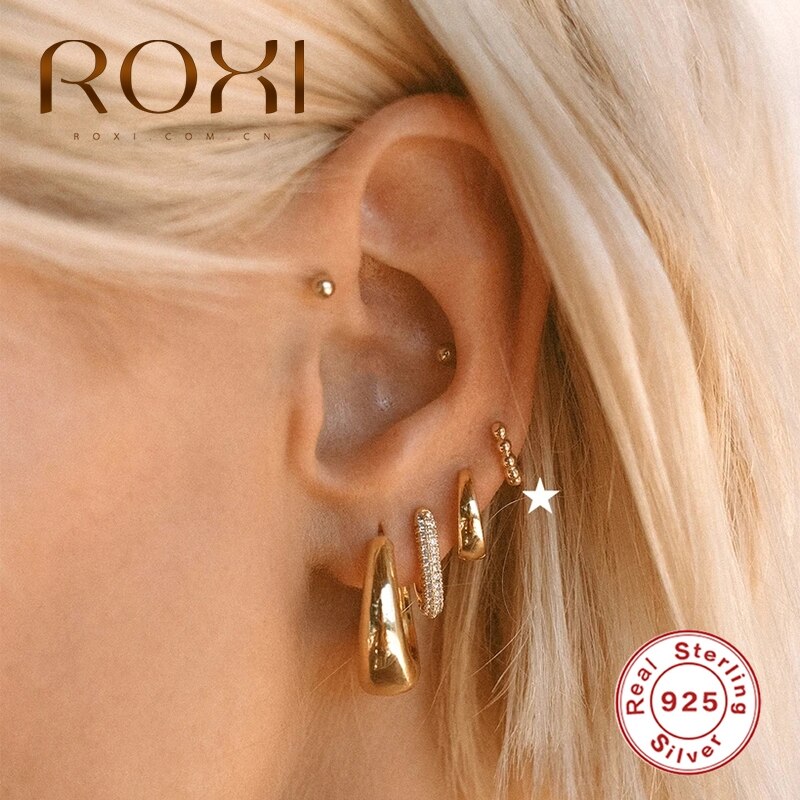 ROXI Simple Round Head 925 Sterling Silver Earing Cartilage Gold Silver Round Hoop Earrings for Women Girl Party Jewelry