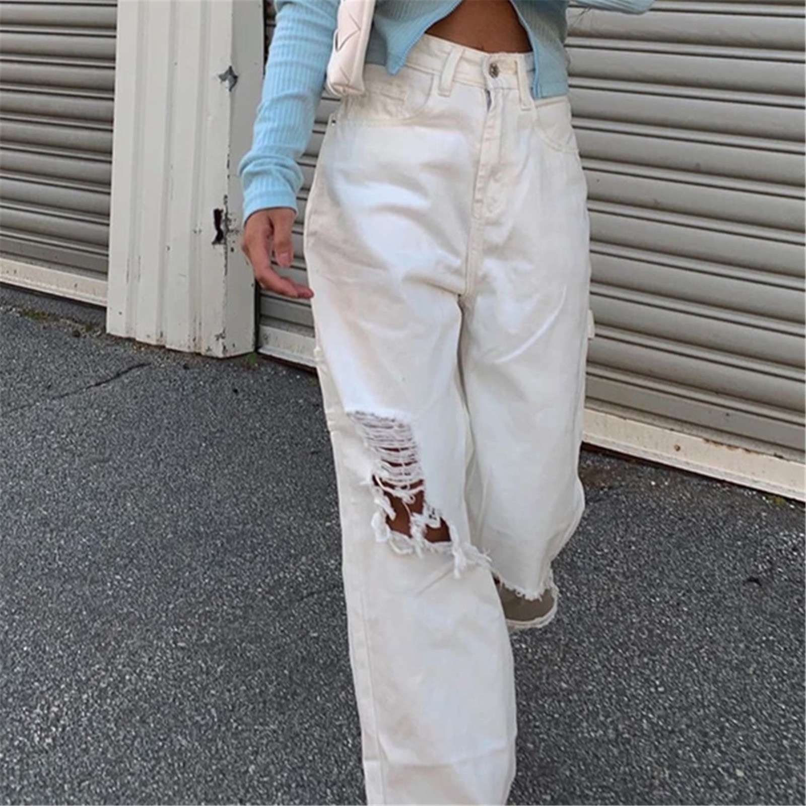 Taille mi copain ample détruit femme classique trou Baggy jean blanc femme Vintage pantalon jean large