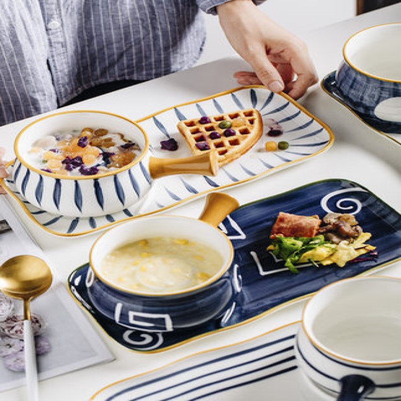 Assiette alimentaire en céramique, peinture à la main, sous glaçure japonaise, bols pour le petit déjeuner ensemble d'assiettes plateau en porcelaine vaisselle ménagère
