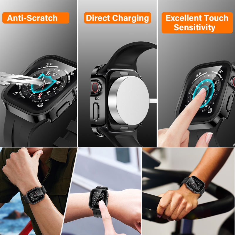 Gehard glazen behuizing voor Apple Watch 45 mm 41 mm 44 mm 40 mm Screenprotector Cover Waterdichte harde bumper iWatch-serie 4 5 SE 6 7 8