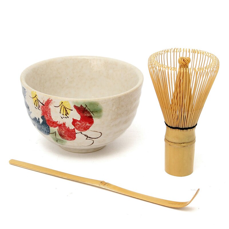 4 Style Fine Japanese Ceremony Matcha Ceramic Bowl With Bamboo Whisk Scoop Teaware Tool Set For Coffee And Tea: peony