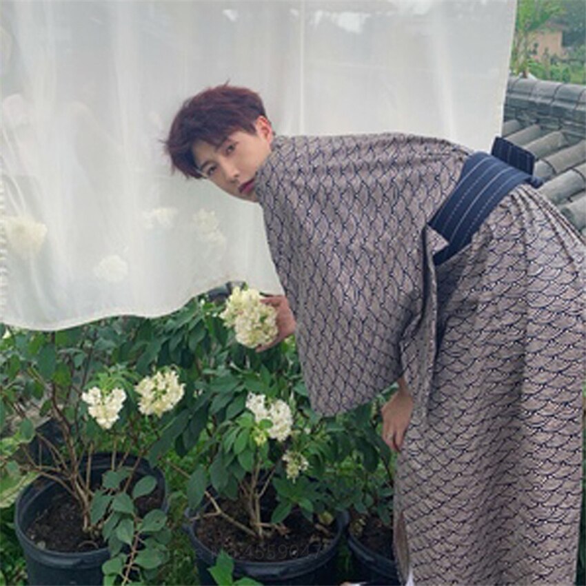 Kimono de estilo japonés para Hombre Ropa de estar por casa con estampado de lingote, larga ropa de dormir, pijamas Haori, cárdigan Vintage informal, albornoz