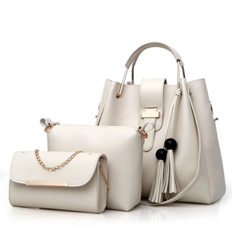 3 uds. Bolsas compuestas para las mujeres, juego de nuevas bolsas de hombro de cuero PU, bolso de borla, bolso Casual, bolso de mensajero compuesto de: white