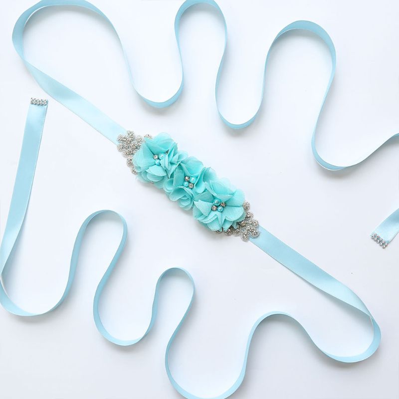 fajín de Tres flores para mujer, pretina de cuentas de estrás, fajín nupcial, fajín para boda, vestido ceñido en la cintura, cinturón, 12 colores: Azul