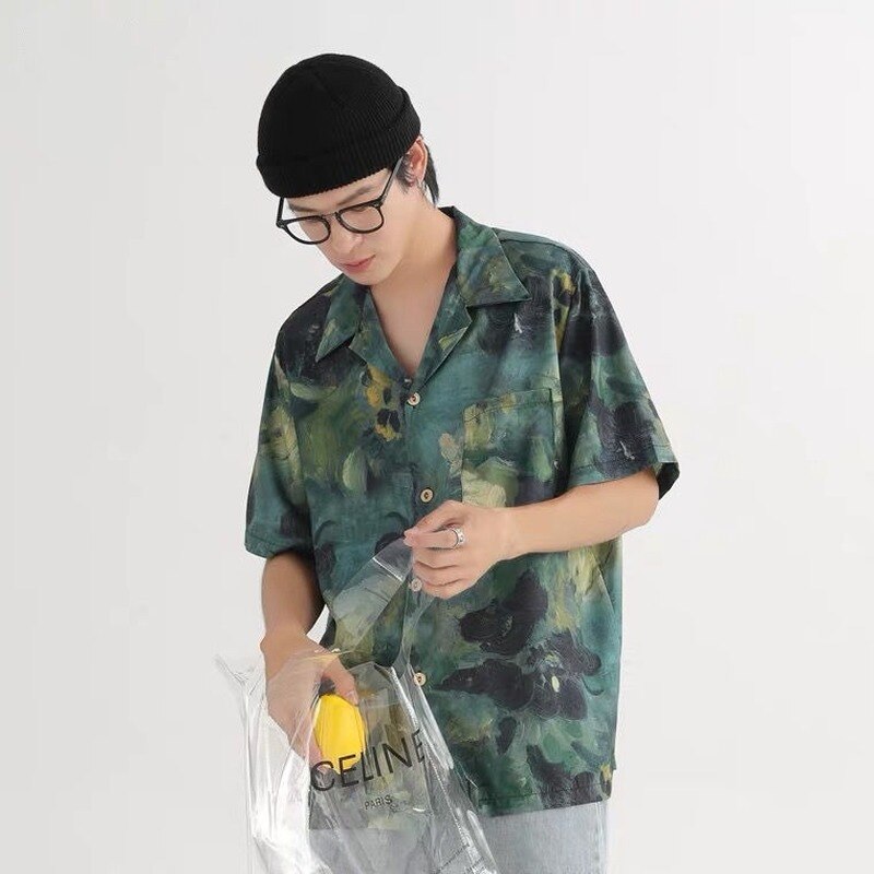 Non-iron Lapel Button Up Beach Hawaii Shirt for Men Short Sleeve Casual Summer Luxury Floral Print Loose Silk Shirt Men