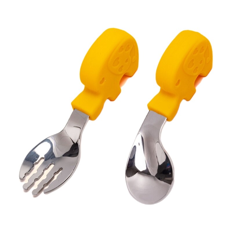 2 piezas de utensilios de acero inoxidable, conjunto de cubiertos, tenedor y cuchara para niños pequeños: Yellow elephant