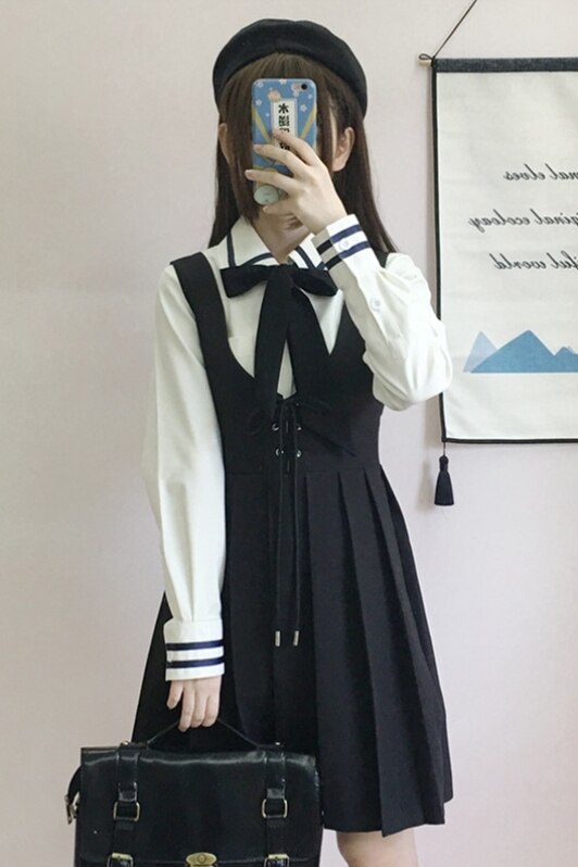 Japanese College Uniforms Long-Sleeved Shirt Pleated Suspender Dress Two-Piece Suit Female School Girl Uniform